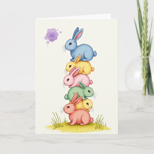 Carte d'art avec amis lapins empilés mignons (Devant)