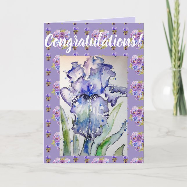 Carte d'art Congatation Florale Fleur Iris Bleu (Devant)