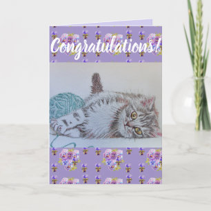 Carte d'art Cute Cat Flower Floral Congatatations