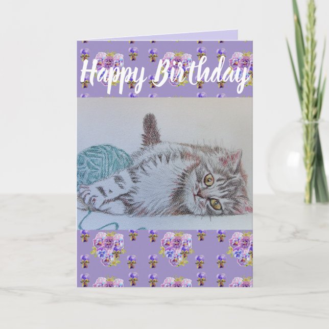 Carte d'art d'anniversaire mignonne fleur de chats (Devant)