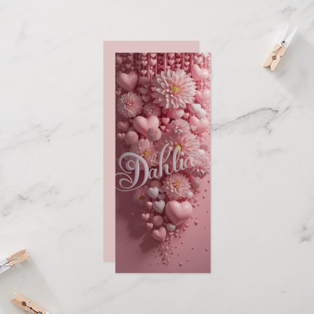Carte d'art de dahlia pastel en fleurs avec des cœ (Devant/Arrière en situation)