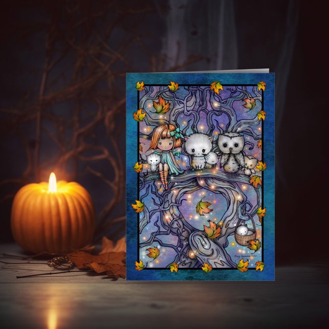 Carte d'art de fées d'Halloween avec hiboux et cha (Créateur téléchargé)