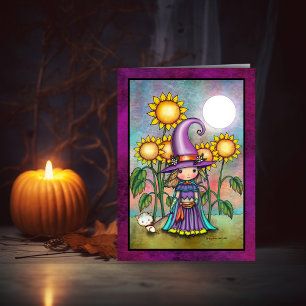 Carte d'art de la sorcière tournesol et du chat mi