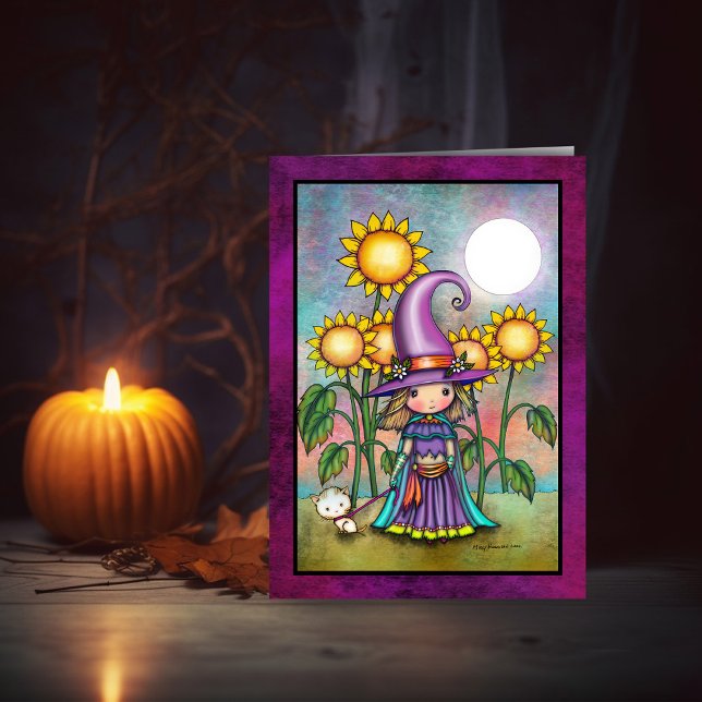 Carte d'art de la sorcière tournesol et du chat mi (Créateur téléchargé)
