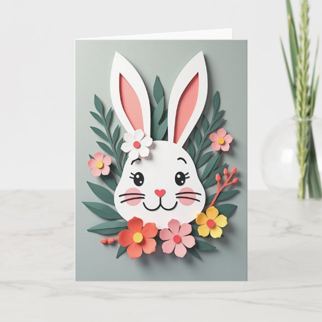 Carte d'art en papier floral lapin (Devant)