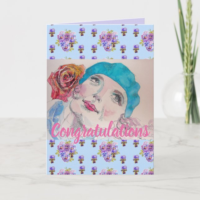 Carte d'art Femme Rose Floral Congatations (Devant)