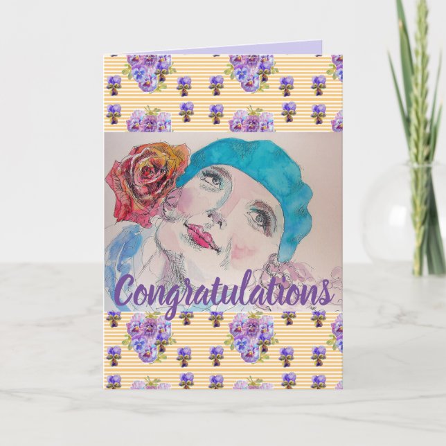 Carte d'art Femme Rose Floral Congatations (Devant)