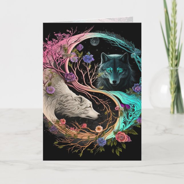 Carte d'art graphique ours polaire loup yin yang (Devant)