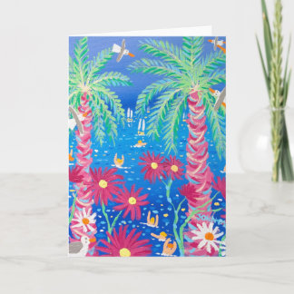 Carte d'art : Mer Bleue Tropicale et Palmiers Rose