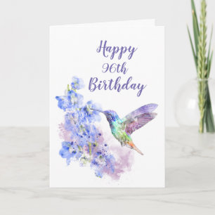 Carte Daté 96e anniversaire Hummingbird Bird Delphiniums