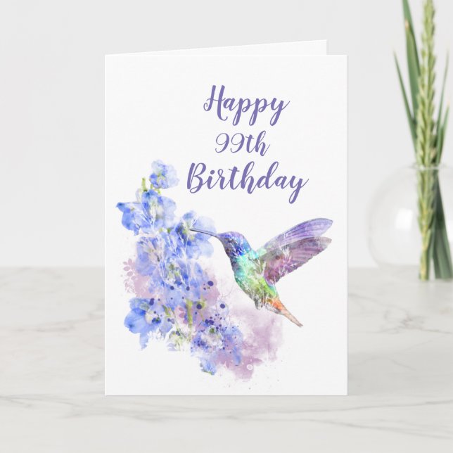 Carte Daté 99e anniversaire Hummingbird Bird Delphiniums (Devant)