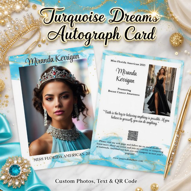 Carte d'autographe de concours de beauté avec desi (This autograph card features gold glitter and light blue watercolor accents with your photo and text)