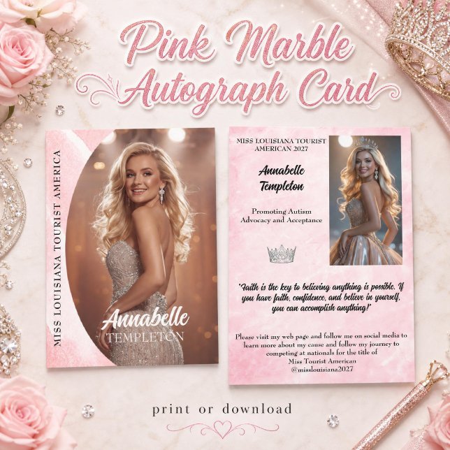 Carte d'autographe de concours de beauté sur plate (Pink marble surrounds your images and text in this beautifully designed pageant autograph card)