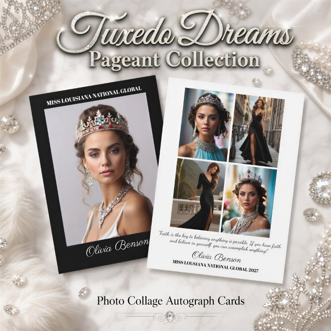 Carte d'autographe de concours - Disposition de co (This dark border pageant photo collage card is part of our Tuxedo Dreams minimal elegant collection)