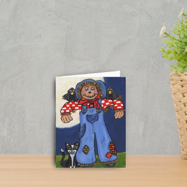 Carte d'automne joyeuse épouvantail (Cute scarecrow with cat and black crows under full moon on notecards.)