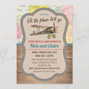 Carte d'avion vintage Baby shower garçon Invitatio