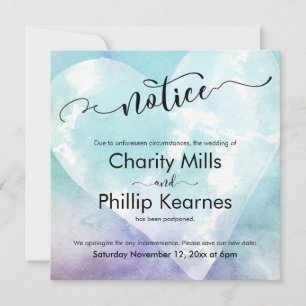 Carte d'avis Mariage reportée Heart Aqua Purple