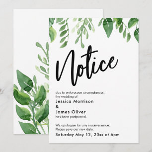Carte d'avis Mariage reportée Watercolor Greenery