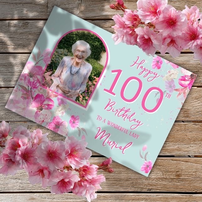 Carte de 100e anniversaire avec une seule photo fl (Créateur téléchargé)