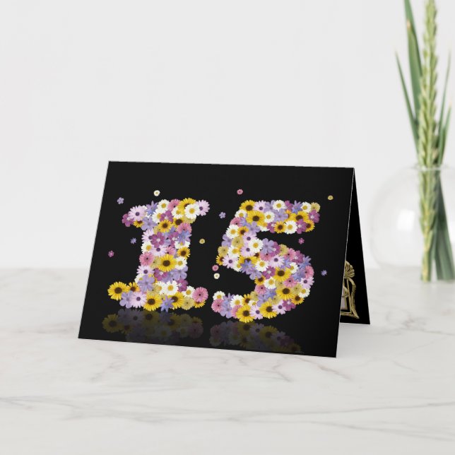 Carte de 15e anniversaire avec lettres fleuries (Devant)