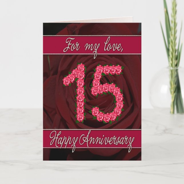 Carte de 15e anniversaire avec roses et feuilles (Devant)