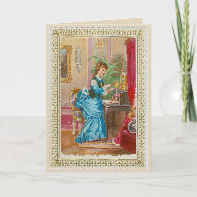 Carte de 1875—Dame victorienne au bureau (Devant)