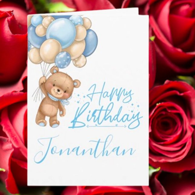Carte de 1er anniversaire avec ours en peluche et  (Celebrate a baby boy’s first birthday with this adorable teddy balloon card.)