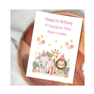 Carte de 1er anniversaire safari feuille rose Anim