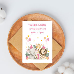 Carte de 1er anniversaire safari feuille rose Anim