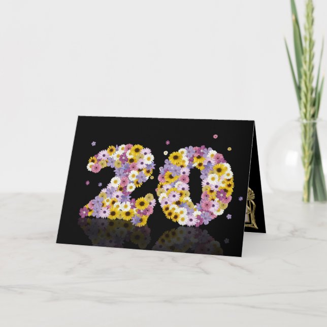 Carte de 20e anniversaire avec lettres fleuries (Devant)