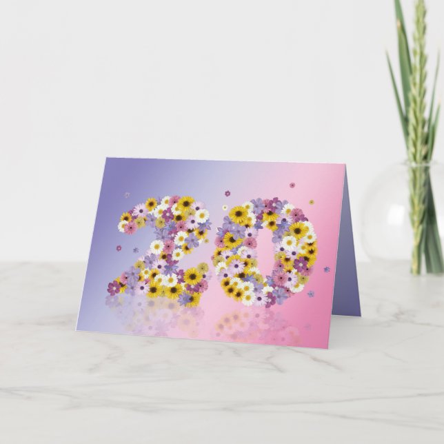 Carte de 20e anniversaire avec lettres fleuries (Devant)
