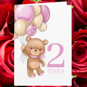 Carte de 2e anniversaire avec ballons roses et our