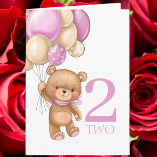 Carte de 2e anniversaire avec ballons roses et our (Celebrate her 2nd birthday with a cute pink balloons and teddy card)