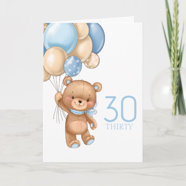 Carte de 30 ans avec ours en peluche et ballons bl (Devant)