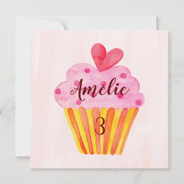 Carte de 3e anniversaire - cupcake aquarelle (Devant)