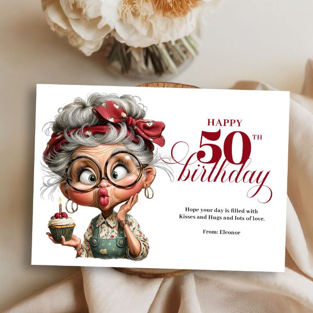 Carte de 50 ans drôle et fantaisiste pour une dame (Sassy fifty funny lady whimsical birthday card)