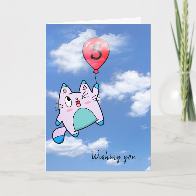 Carte de 5e anniversaire avec chat et ballon (Devant)