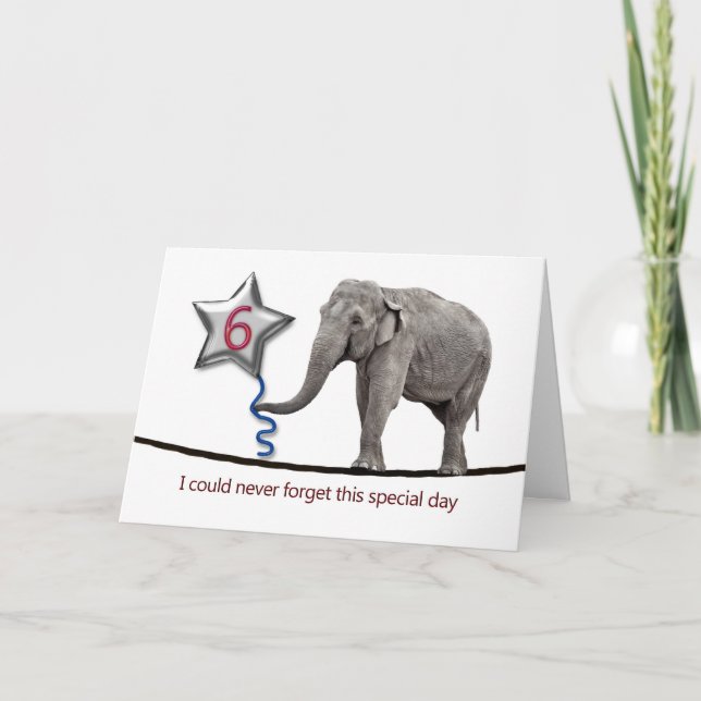 Carte de 6e anniversaire avec un éléphant à corde (Devant)