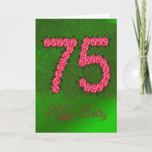 Carte de 75e anniversaire avec rose et feuille (Devant)