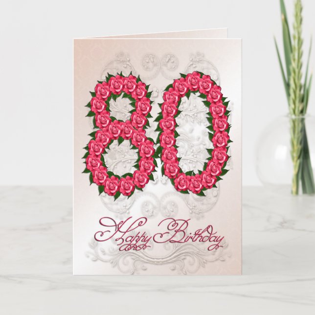 Carte de 80e anniversaire avec roses et feuilles (Devant)