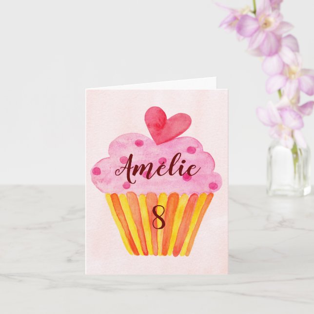 Carte de 8e anniversaire - cupcake aquarelle (Orchidée)