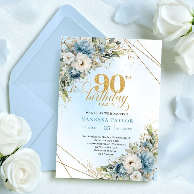 Carte de 90e anniversaire à cadre doré et bleu pou (Romantic Dusty Blue Gold Frame 90th Birthday Card

)