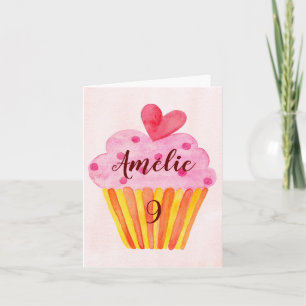 Carte de 9e anniversaire - cupcake aquarelle