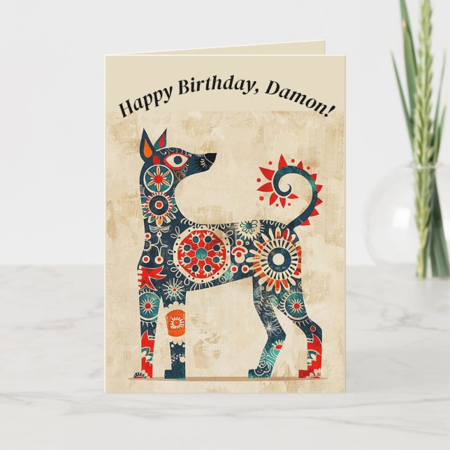 Carte de anniversaire de chien en art folklorique  (Devant)