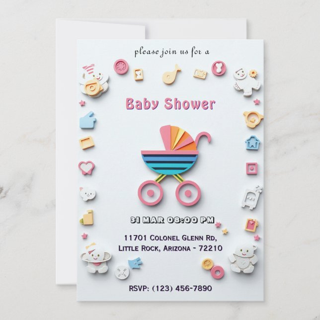 Carte de Baby Shower avec Landaus et Icônes Mignon (Devant)