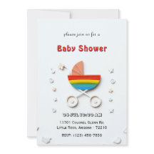 Carte de Baby Shower avec Poussette Arc-en-Ciel
