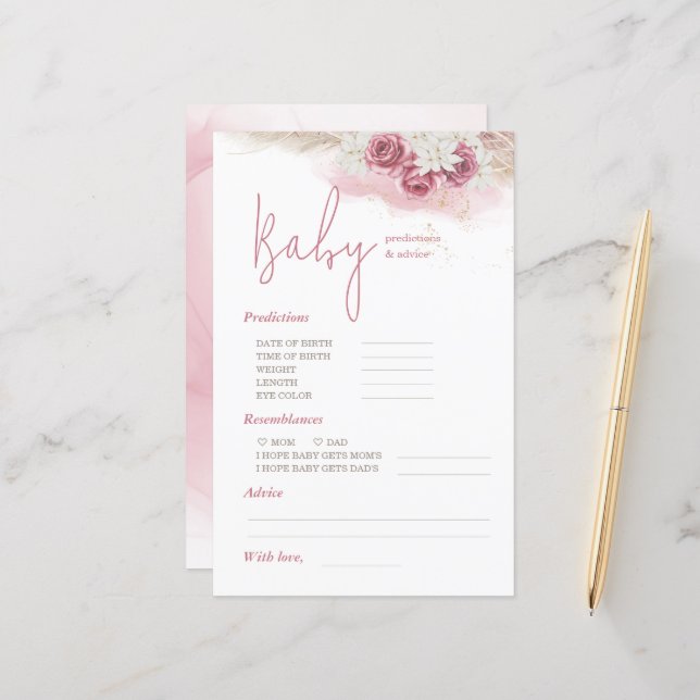 Carte de Baby shower Boho Floral Predictions & Con (Devant/Arrière en situation)