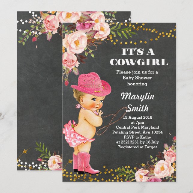 Carte de Baby shower Chalkboard Rustic Cowgirl (Devant / Derrière)