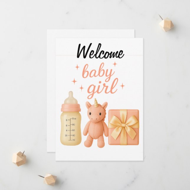 Carte de Baby shower de fille de bienvenue (Devant/Arrière en situation)