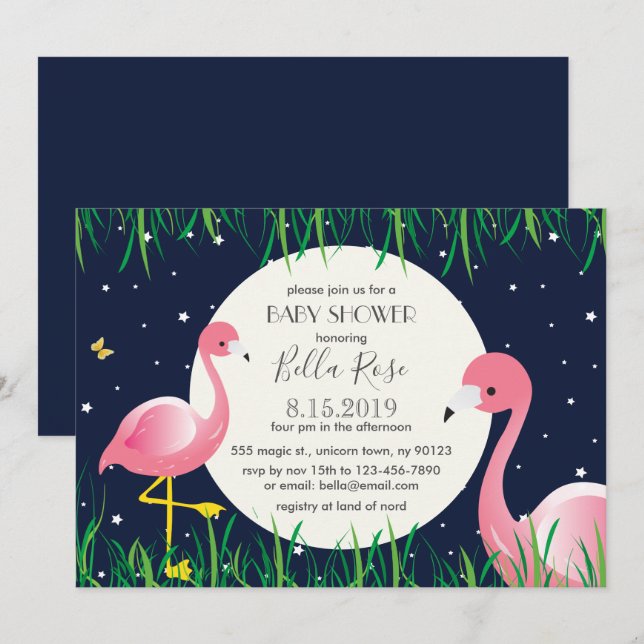Carte de Baby shower de Flamants roses Blue Moon S (Devant / Derrière)